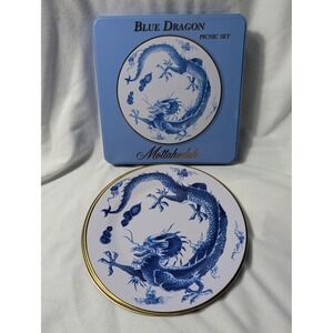 Mottahedeh Blue Dragon Picnic Set Milestone Melamine Plates 4pc with Tin 10 inch